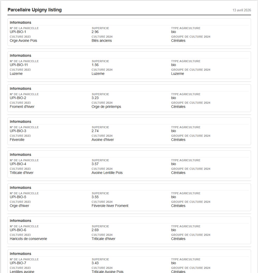 Exemple de listing de parcelles